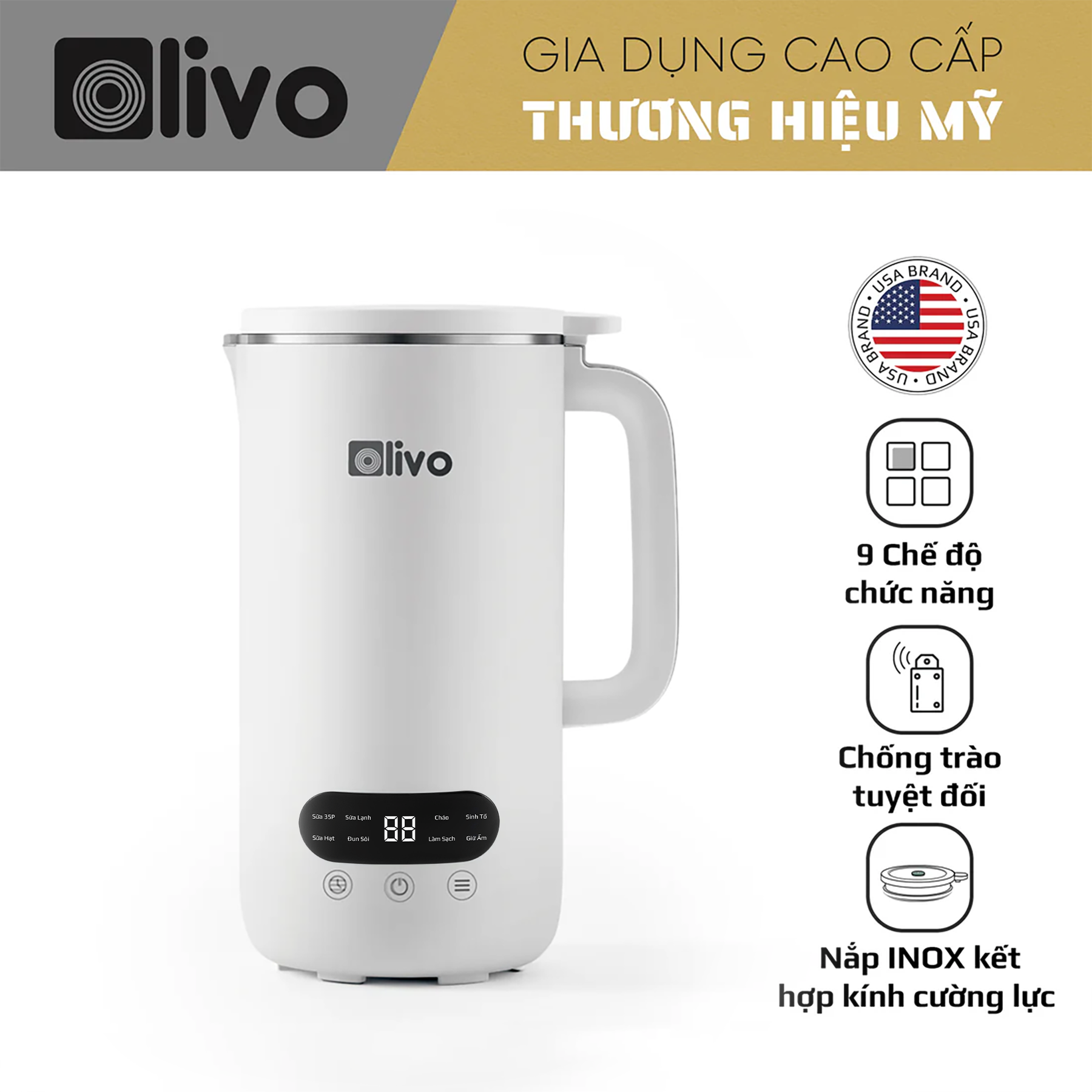 Máy Xay Nấu Đa Năng OLIVO CB1000 - Dung Tích 1L - 9 Chế Độ - Lòng Cối Inox 304 - Nắp Kính Cường Lực - Công Suất 880W - Chống Trào Tuyệt Đối