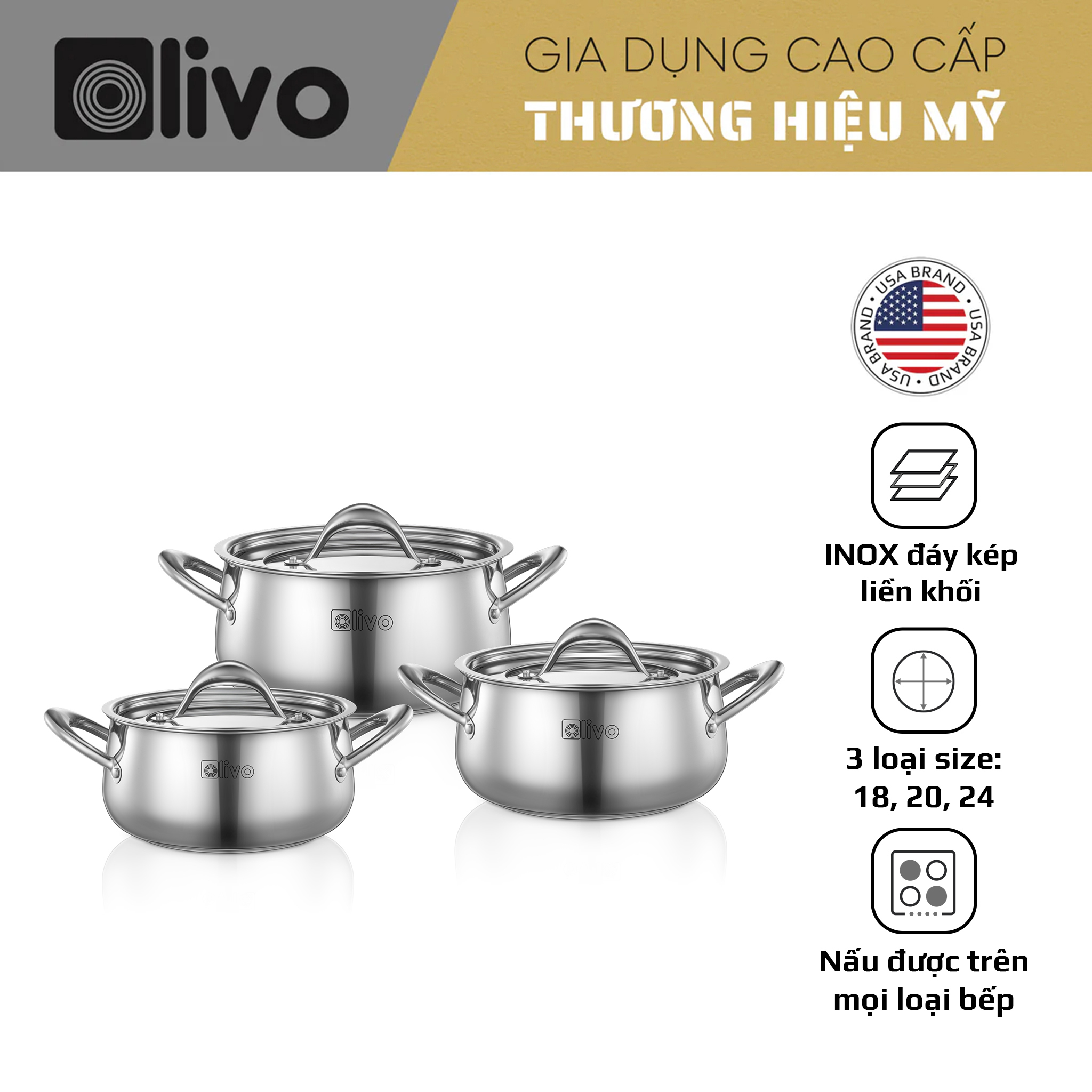 Bộ Nồi Inox OLIVO Chef’s Premium - Bộ 3 Nồi - Đa Dạng Kích Thước - Đáy Kép Liền Khối - Nắp Kính Cường Lực - Nấu Được Trên Mọi Loại Bếp