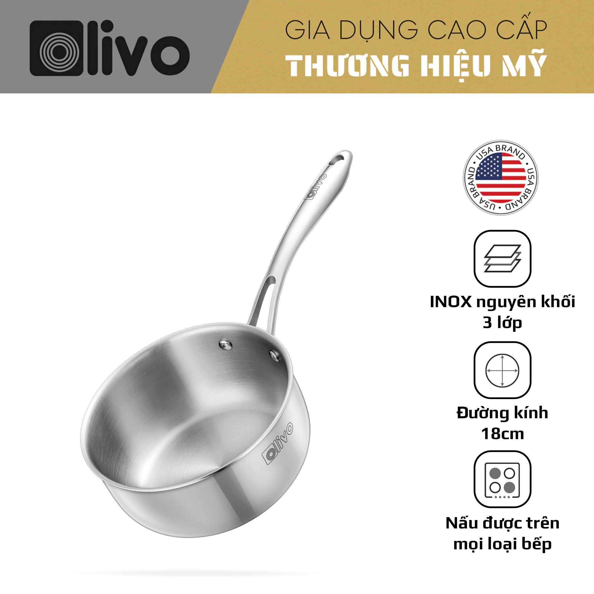 Quánh INOX OLIVO Davinci SD1885 - Kích Thước Nhỏ Gọn - Đường Kính 18Cm - Sâu Lòng  8.5Cm - Nấu Được Trên Mọi Loại Bếp